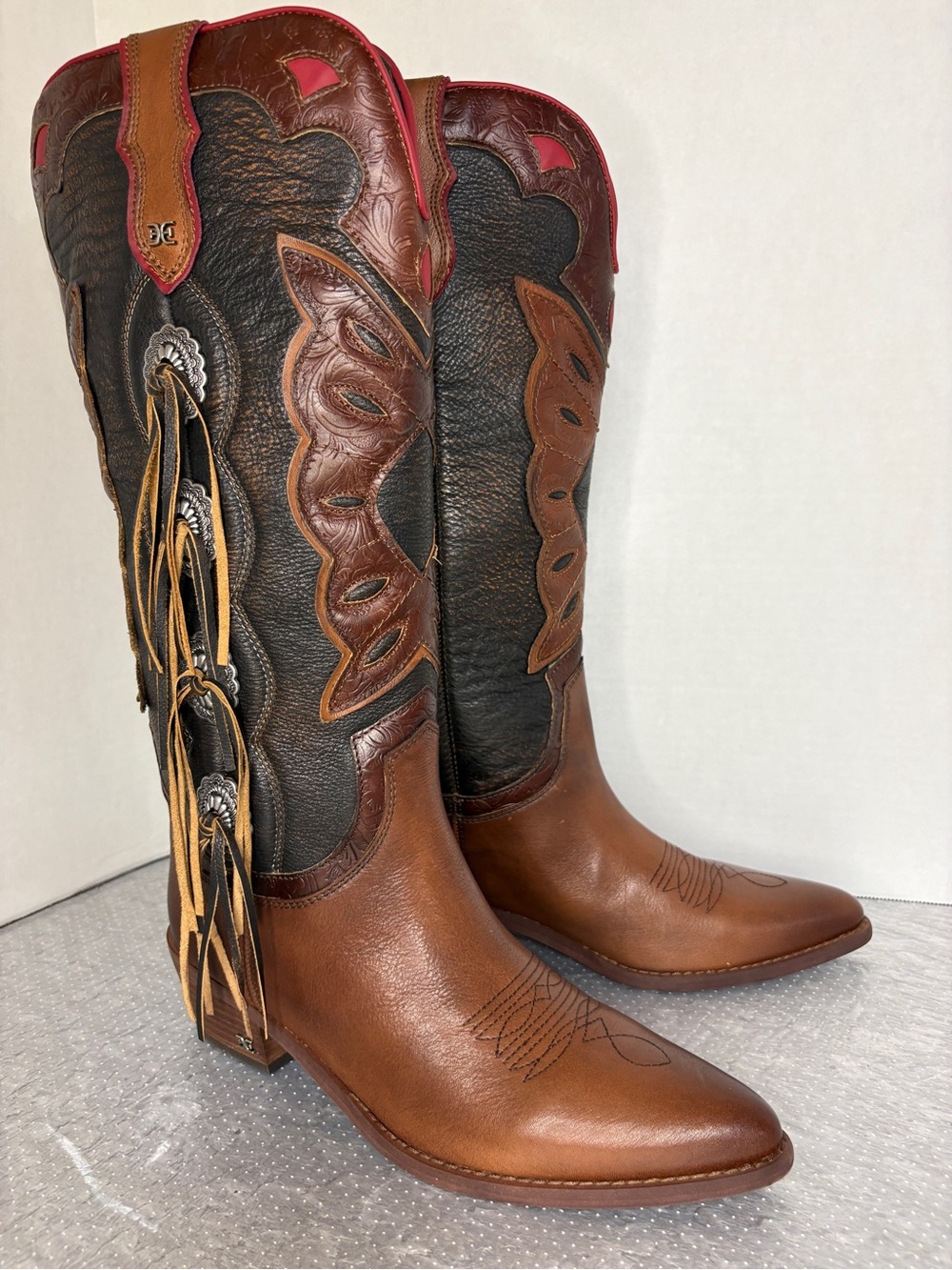 NWOT Sam Edelman Rhett Western Fringe Leather Boots Brown Black Tall Cowboy 9.5